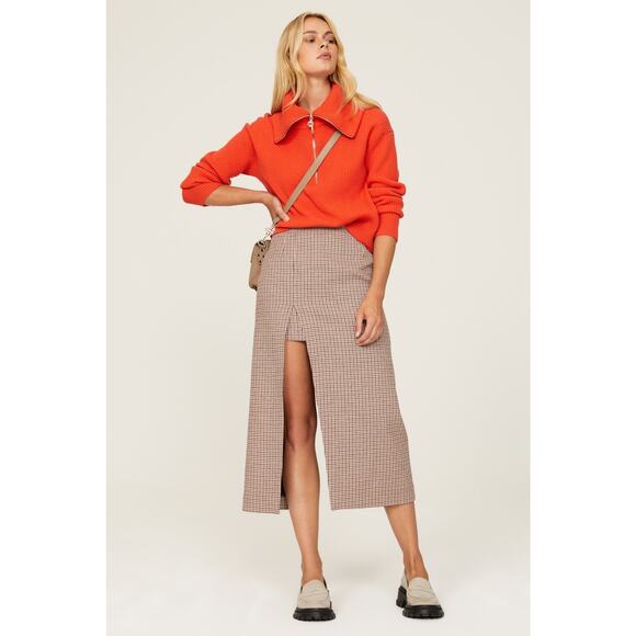 MAJE Jaisa Brown Plaid Wool Blend Front Back Slit Edgy Pencil Skirt Size US 8 - Picture 4 of 16